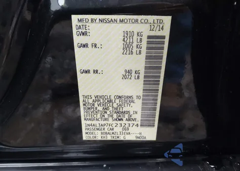 2015 Nissan Altima 2.5 Sv from USA, damaged, VIN 1N4AL3AP7FC232374